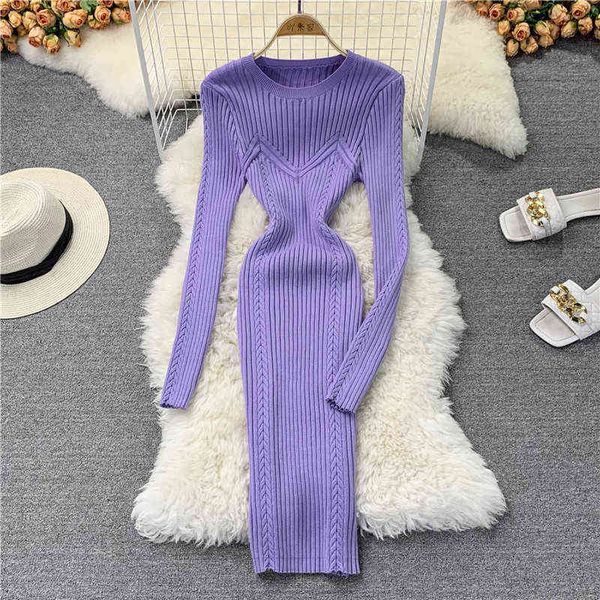 

singreiny new autumn korean knitted dress women elastic slim long sleeve sheath dresses 2021 winter warm bodycon sweater dress y220214, Black;gray