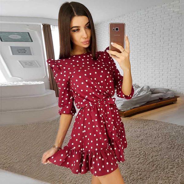 

fashion ruffle trim sashes women summer dress 3/4 sleeves round neck dot print casual dress girls sweet cute a line mini dresses1, Black;gray
