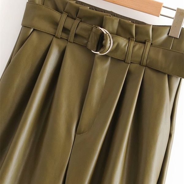 

winter army green leather pants high waist paperbage pants women sweatpants fashion streetwear 201112, Black;white