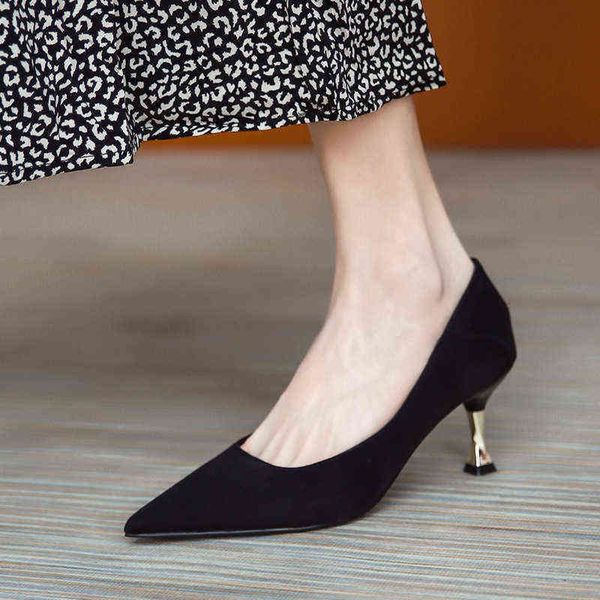 

kuku2021 spring pointed suede simple one foot pedal two wear thin heel small size work high heels single shoe women