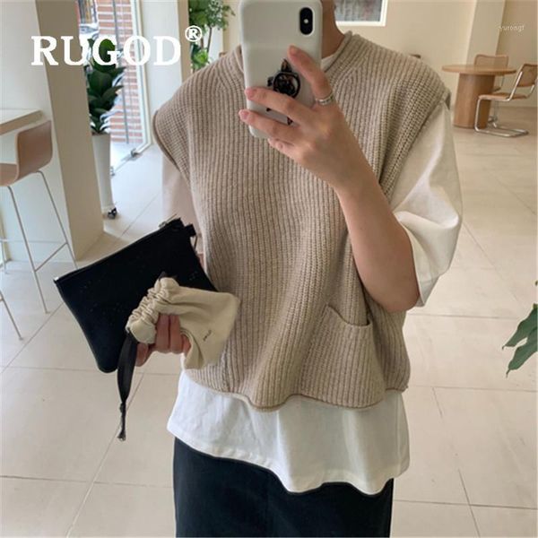 

rugod o-neck sweater vest with pocket women korean style casual sleeveless knitted vest spring loose short pullover waistcoat1, White;black