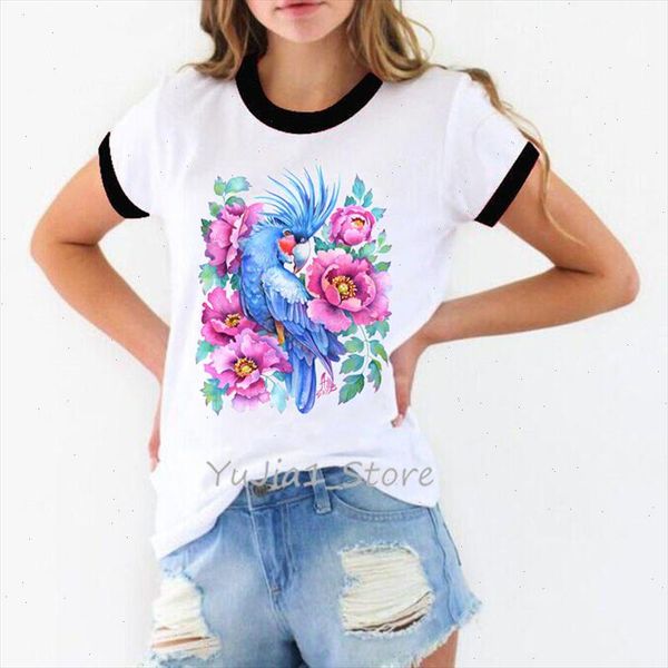 

t shirts for women harajuku kawaii watercolor blue parrot printed tshirt womens clothing sumemr camiseta mujer ringer tee, White