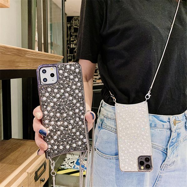 

diamond pearl glitter phone cases for iphone 12 mini 11 case iphone 11 pro max case xs xr x 7 8 back cover case metal chain lanyard phone