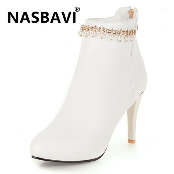 

new bow pointed fine heel pu ankle boots women pearl solid short plush pearl rhinestone chain pink white black beige short boots1