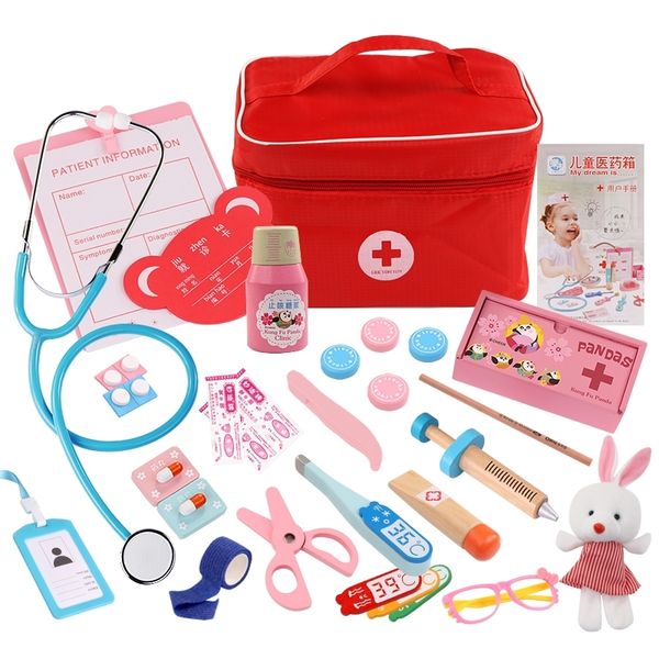 

kids pretend play wood doctor toys red medical kit dentist medicine box sets cloth bag packing games toys for children girls boy y200428