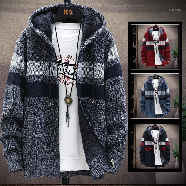 

autumn winter thick sweatercoat men casual cardigan stripe splicing mens sweater wool liner windbreaker pull homme1, White;black