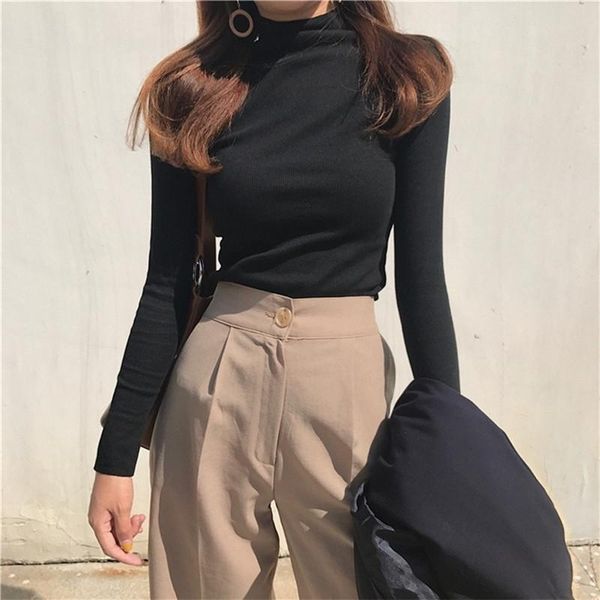

women's polos basic slim tight stretch autumn solid women spring long turtleneck tshirt high bottoming skinny sleeve t-shirt, White