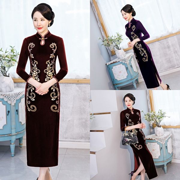 

улучшенный китайский свадебное платье cheongsam cheongsamstyle новый улучшенный 2020 вышитые бархат cheongsam долго свадебное платье матери, Black;gray