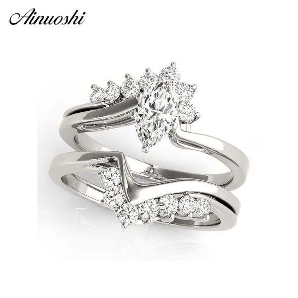 

ainuoshi fashion 925 sterling silver women wedding ring set white gold color 0.8ct marquise lover aniversary silver ring jewelry y200106, Slivery;golden