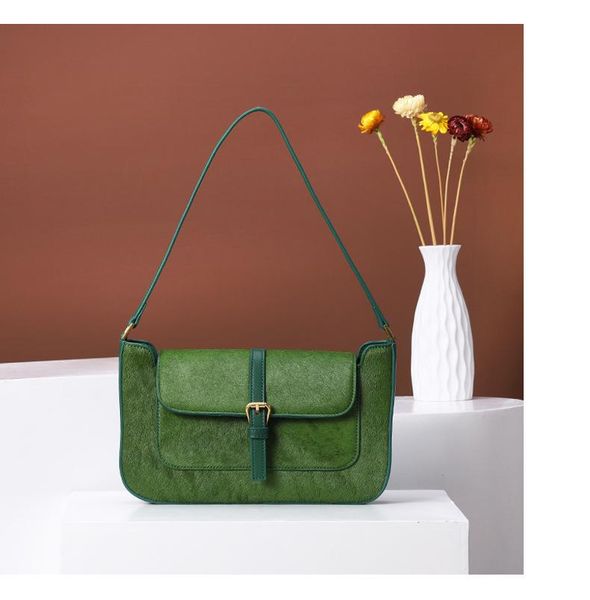 

leather handbag 2021 new green brown black horse hair shoulder bag underarm bag handbag small square french