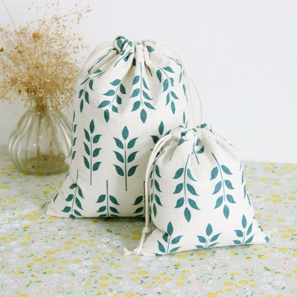 

lovely grain green wheat pattern print cotton drawstring linen fabric bag home kids toy storage bag gift candy bags 3 sizes