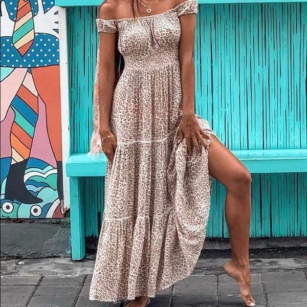 

shirred off the shoulder summer dress leopard print fashion chic women dress elastic waist long gypsy dress, Black;gray