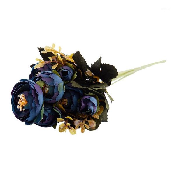 

1 bouquet 9 head artificial silk cloth fake flowers leaf peony floral home wedding party decor blue1