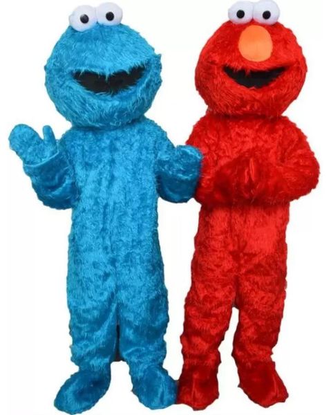 Trajes da mascote Adultos Sesame Street Blue Cookie Monster Mascote e Elmo Traje Mascote Carnaval Unissex Adultos Roupa Tamanho Adulto Halloween
