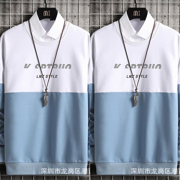 

fexvd 2020 autumn new ins fashion matching round neck versatile sweatert-shirt sweatersweater men's long sleeve t-shirt loose trend col, Black
