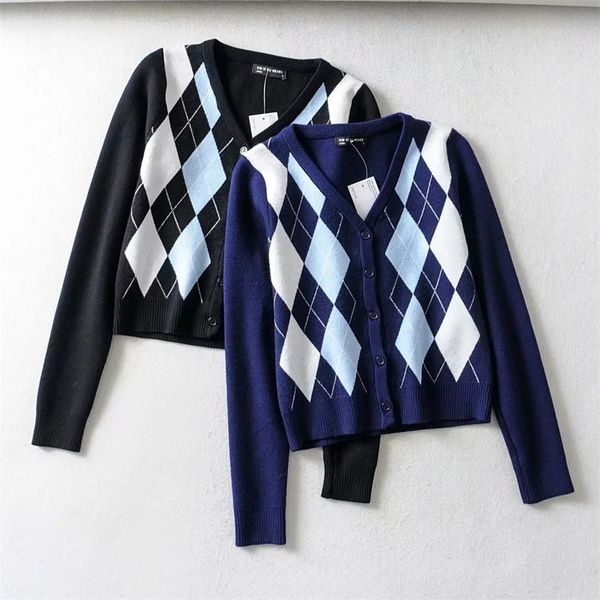 

women fashion sweater women cute argyle button up v neck crop cardigan sweaters popular streetwear 3 colors size s  l, White;black