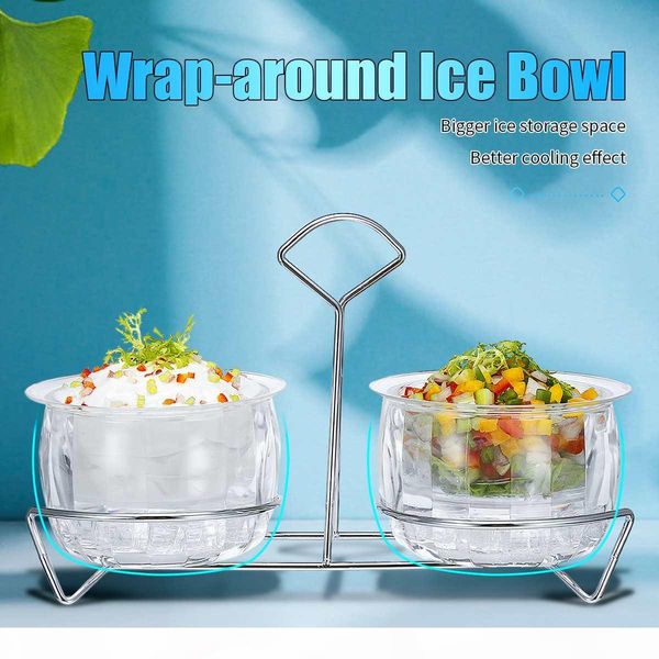 

2 layers stainless steel salad bowl dressing dish dip bowl stand with ice storage condiment sauce serving tableware kitchen