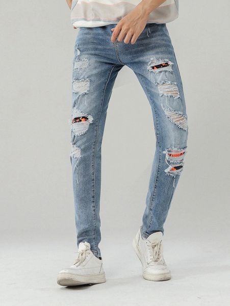 

men bleach wash rag stitching ripped frayed cat scratch jeans c2mo#, Blue
