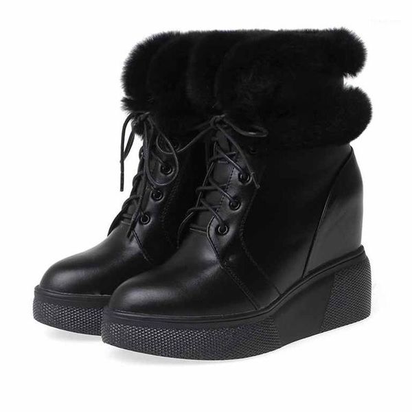 

boots wedges shoes women's ankle cow leather keep warm lace up increased high heels snow zapatos de mujer1, Black