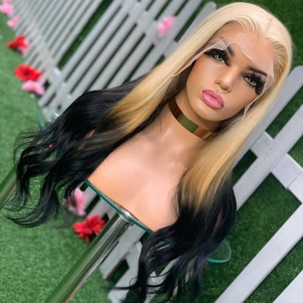 

crissel blonde black t part lace front human hair wigs 150% remy hair ombre colored brazilian hd transparent lace wigs for women, Black;brown