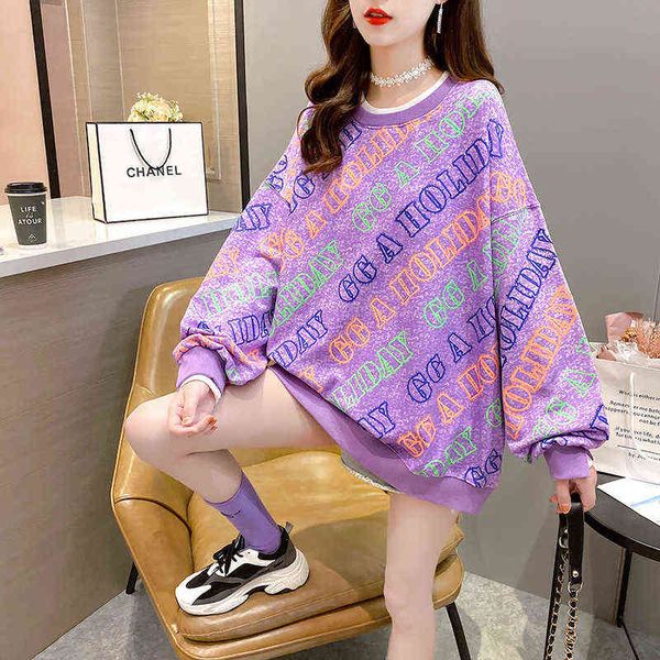 

women's hoodi sweatshirts 2022 autumn korean fake two-piece loose large round neck printed letters creative temperament thin women&#039, Black