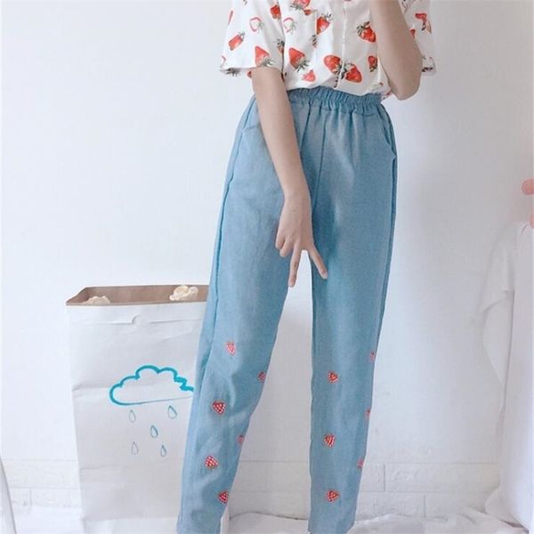 

summer women cute strawberry embroidery jeans 201223, Blue