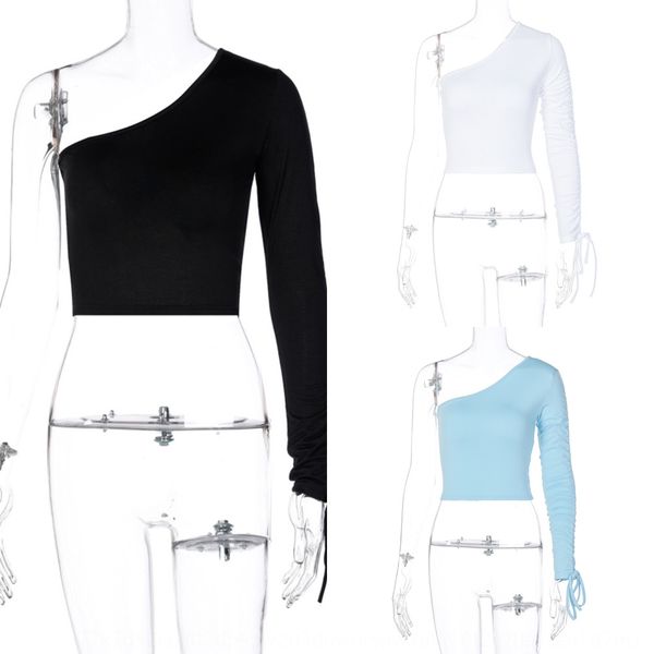 

french style one shoulder long sleeve 2020 autumn coat t-shirt new fashion slim fit and navel exposed t-shirt for women nddya nd, White