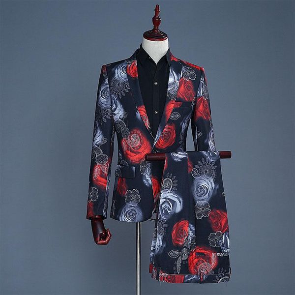 

men's suits & blazers long sleeve red and blue rose printing pattern wedding jacket coat blazer nightclub bar singers stage sui, White;black