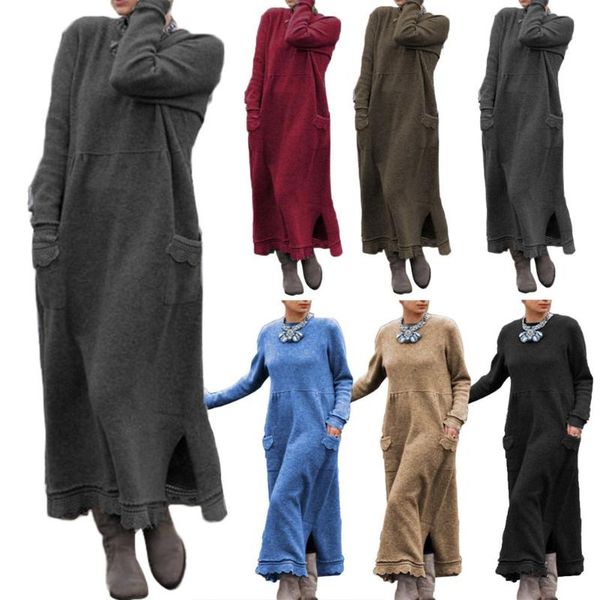 

vintage women autumn winter long sleeve lacework hem plus size knit maxi dress, Black;gray