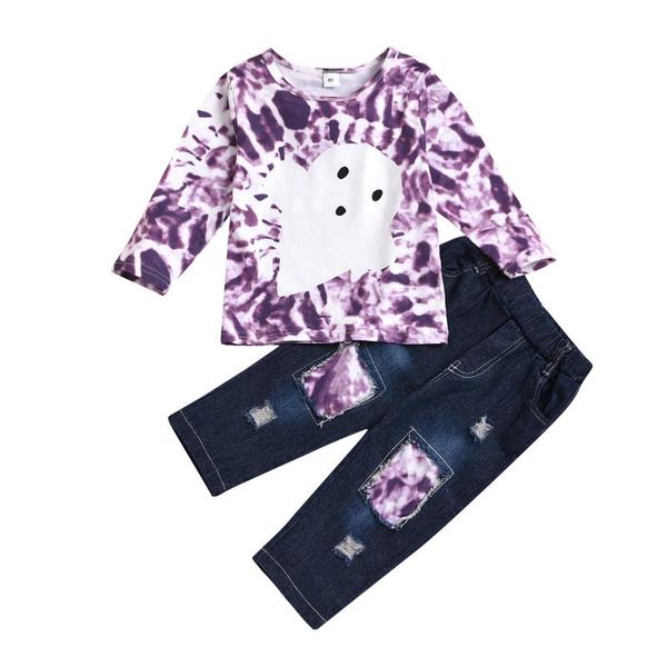 

2020 infant halloween outfits toddler long sleeve ghost print + pockets patchwork ripped jeans girls clothing, White