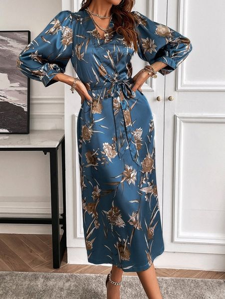 

satin floral bishop sleeve belted a-line dress d8tn#, Black;gray