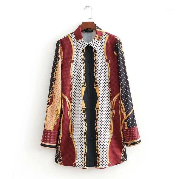 

2020 women vintage contrast color chain print patchwork long blouse shirt women casual slim court femininas blusas ls27991, White