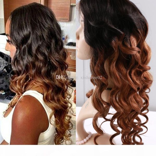 

ombre glueless lace front wigs human hair brazilian non-remy hair loose wave wigs #1bt30 color pre plucked hairline for women, Black;brown