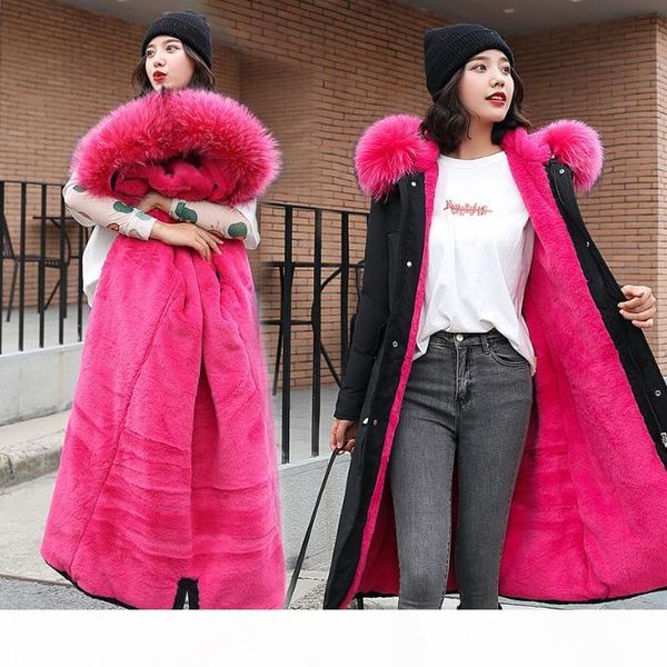 

large fur winter jacket women fur collar hooded thick down coat for women winter parka, Black