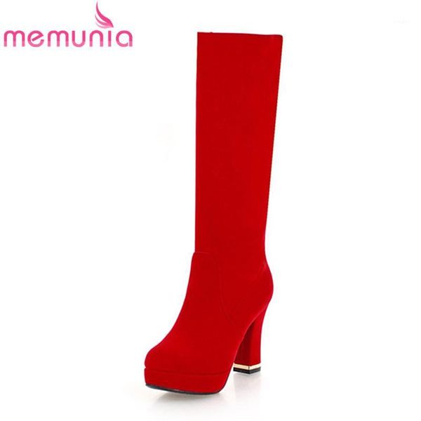 

boots memunia 2021 arrival platform red black 10cm high heels round toe zip women knee plus size 33-431