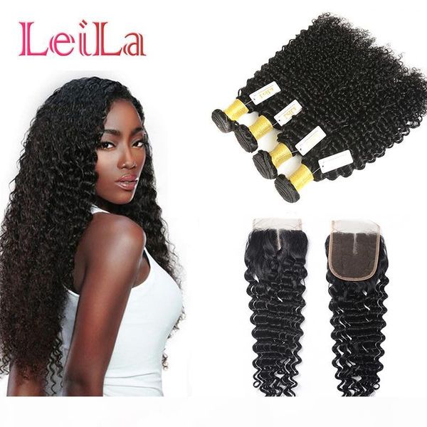 

virgin hair deep wave 5pieces lot bundles with lace closure peruvian 100% unprocessed human hair weft curly full hair, Black;brown