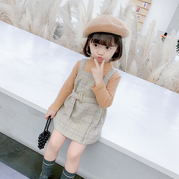 

korean two piece set baby girls knitted t-shirt + suspender dress plaids outfits streetwear toddler kids clothes 1 to 6 yrsx1019, White
