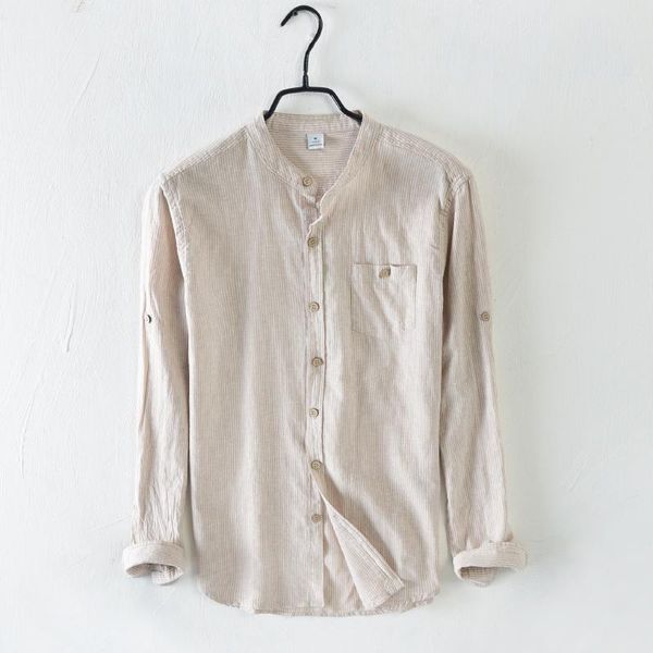 

men's casual shirts 2021 arrival retro light striped shirt spring stand collar linen cotton men brand mens camisa, White;black