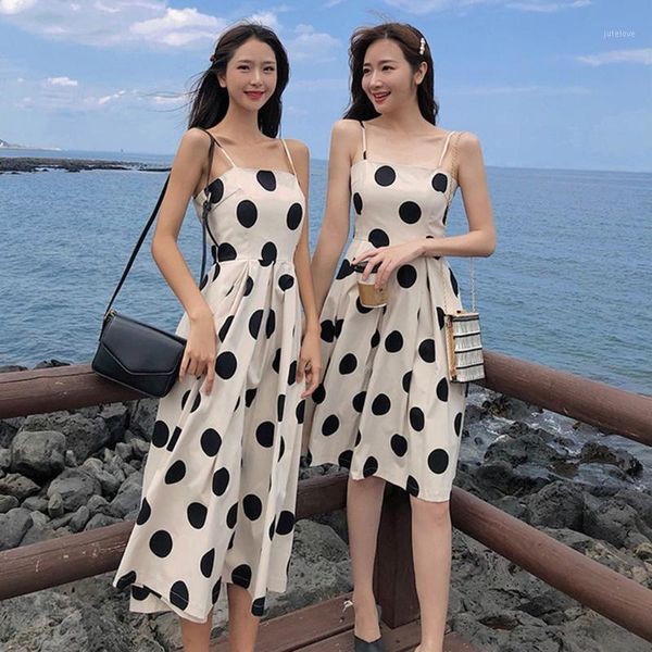 

summer dress 2020 fashion latest women's boho dot high waist party dress evening beach sleeveless women long sundress#j301, Black;gray