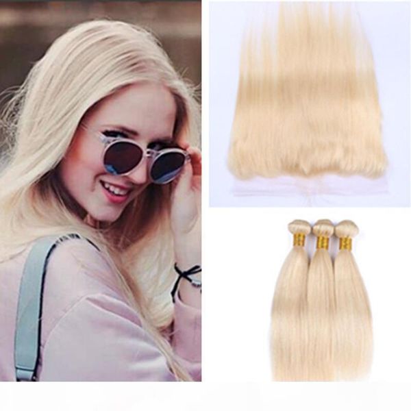 

patinum blonde lace frontal closure with hair bundles indian straight virgin hair weaves with lace frontal #613 blonde human hair 4pcs lot, Black;brown