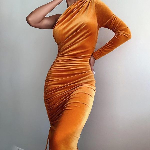 

casual dresses elegant velvet ruched bodycon asymmetrical women party club one shoulder bandage drawstring midi dress ladies outfits, Black;gray