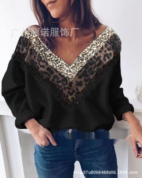 

weajy 2019 autumn and winter sweater sequins sequinswomen's leopard 88pge v-neck sequins stitching celebrity online casual sweater prin, Black