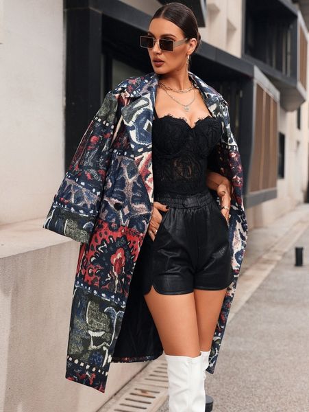 

graphic print lapel collar double button overcoat 688e#, Black