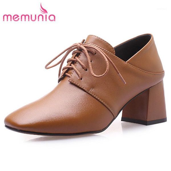 

memunia 2021 new arrive women pumps genuine leather shoes lace up spring summer single shoes square heel ladies office1, Black