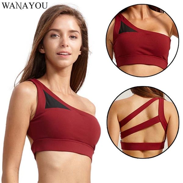 

wanayou quick dry one-shoulder sports bra,push up shockproof workout bra,breathable yoga gym bra beauty back sports tank top, White;black