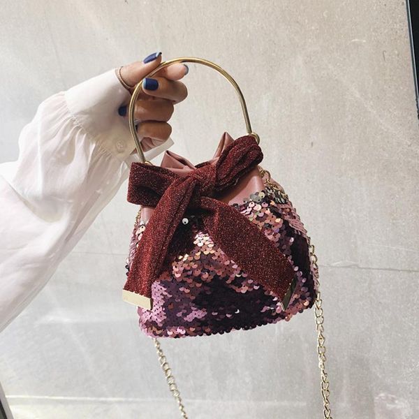 

women waterproof leather shoulder bag sequins bow bucket bag with adjustable metal chain new