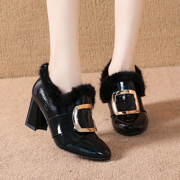 

shoes boots booties ladies winter footwear low heels booties plush round toe boots-women mid calf rubber 2020 pointy, Black