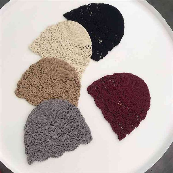 

handmade crocheted lace hollowed-out sleeve cap spring and summer retro artistic casual fashion hat mesh cap autumn, Blue;gray