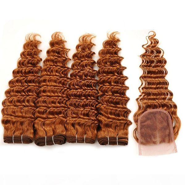 

#30 medium auburn deep wave indian human hair 4bundles with closure deep wave curly medium auburn 4x4 lace front closure with weave bundles, Black;brown