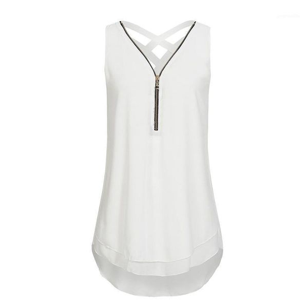 

plus size blouses women sleeveless blouses women solid color v neck chiffon zipper shirts blouse vest shirts vests1, White
